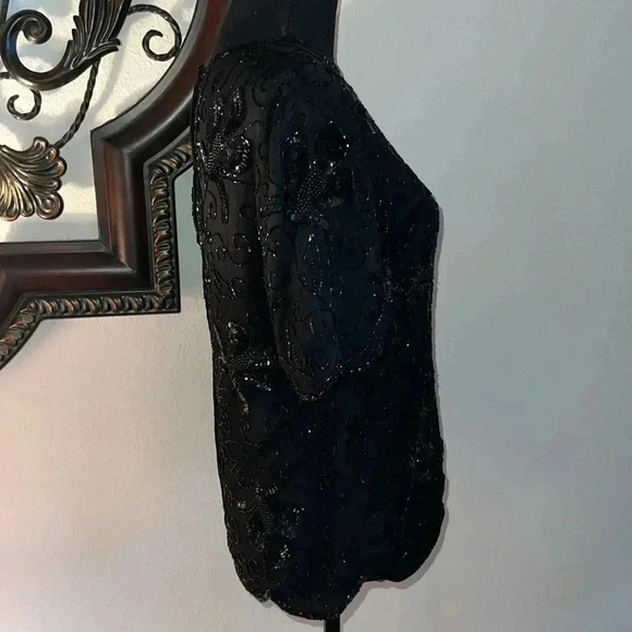 Stenay Women’s 100% Silk Black Beaded Sequin Vintage Scalloped Hem Size Medium - Picture 6 of 16